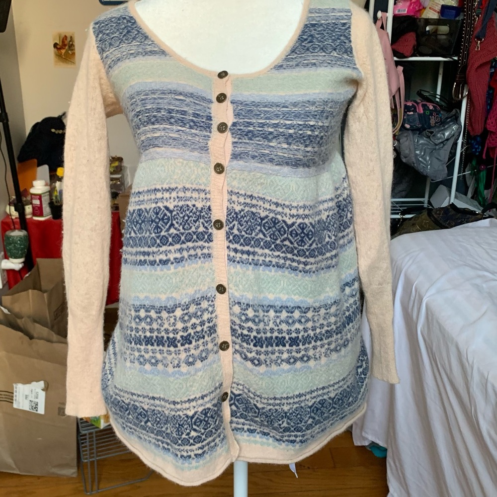 Free People Angora Wool Fair Isle Nordic Blue and Cream Cardigan Sweater